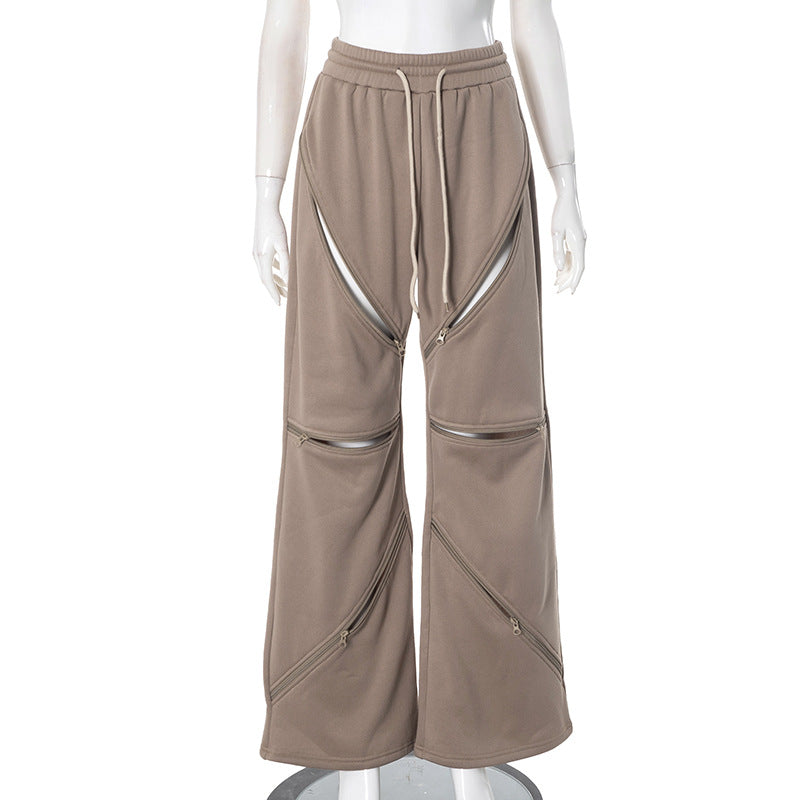 Fashionable Multi-zipper Pocket Loose Trousers For Women
