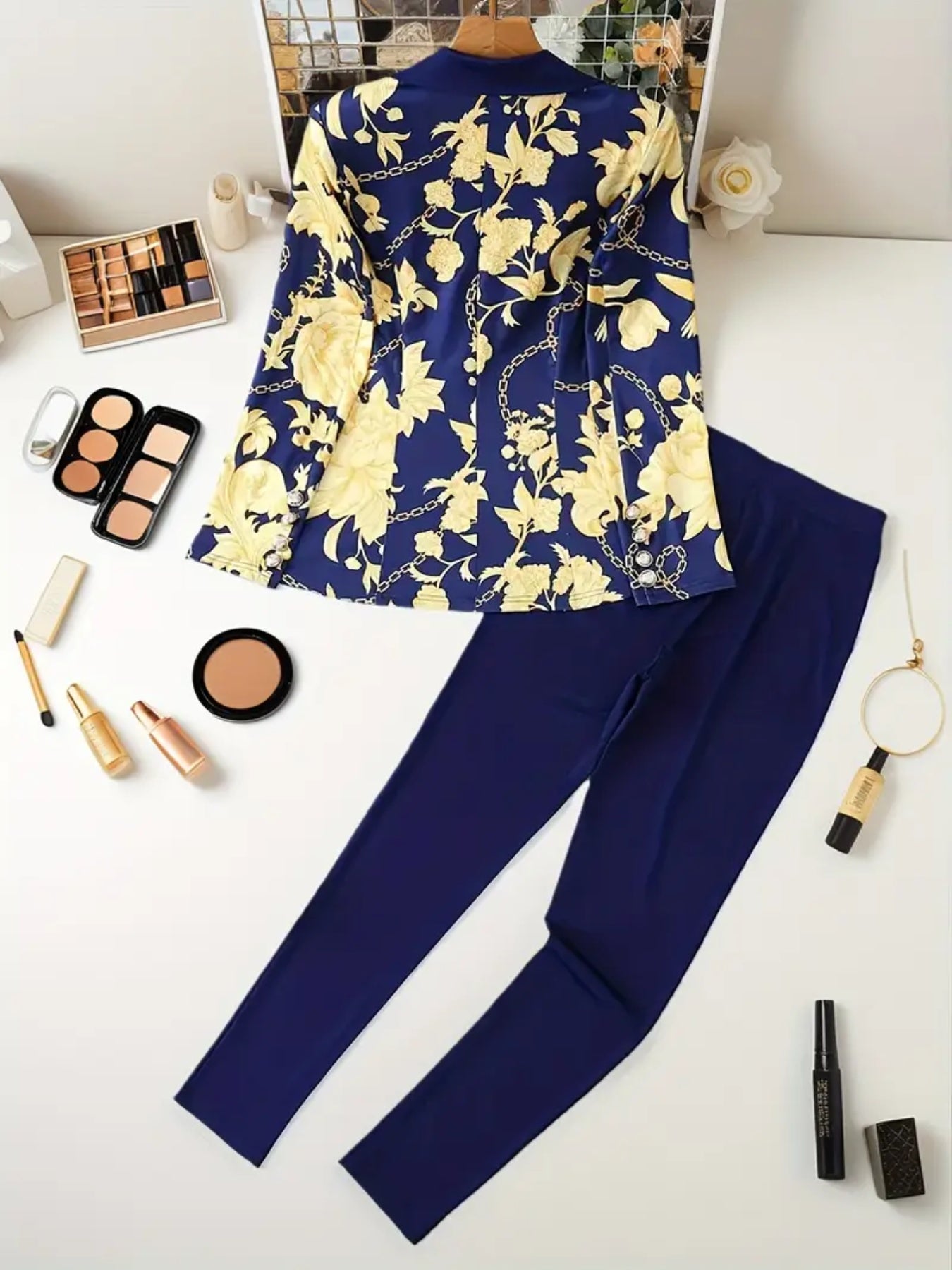 New Ladies' Elegant High-end Printed Dress Set, Chain Printed Slim Fit Suit Jacket With Pure Blue Leggings, Two-piece Suit Set, Machine Washable, Fashionable All Year Round