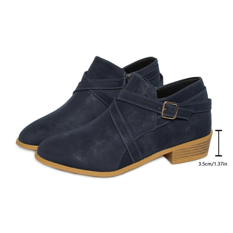 Womens Large-Size Leather Boots With Side Zipper And Cross Straps