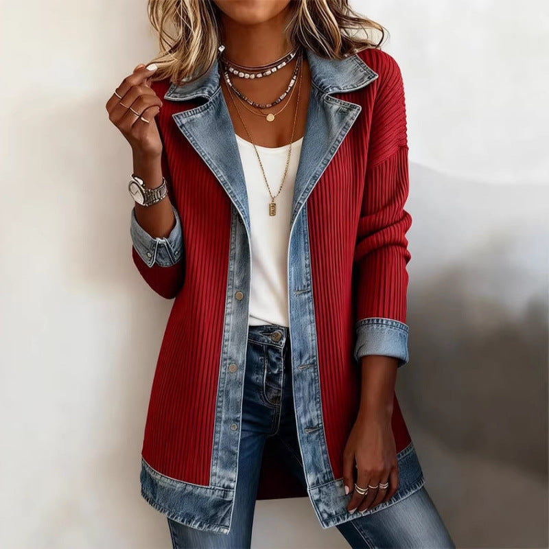 Denim Patchwork Jacket Fashion Commuter Lapel Button-down Long-sleeved Top For Women's Clothing