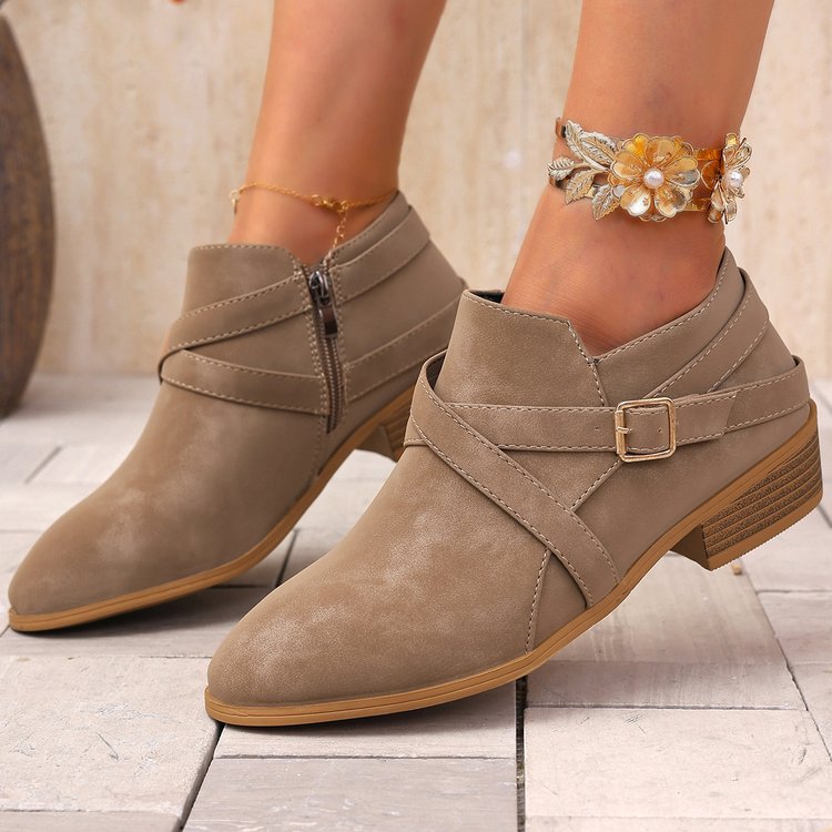 Womens Large-Size Leather Boots With Side Zipper And Cross Straps