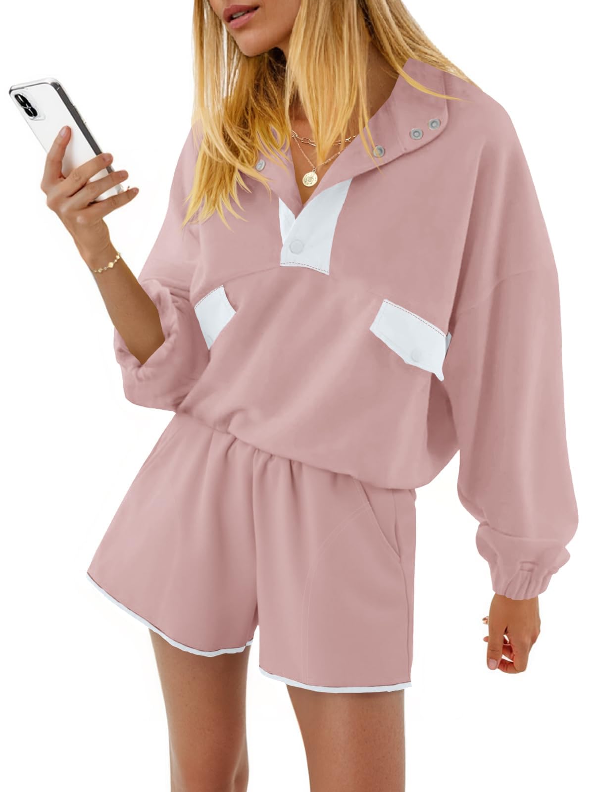 Fisoew Womens 2 Piece Sets Sweatsuits Casual Half Button Color Block Sweatshirts Running Shorts Tracksuits Fall Outfits