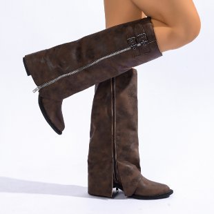 Pointed-toe Vintage Leather-buckle High-heeled Boots For Women