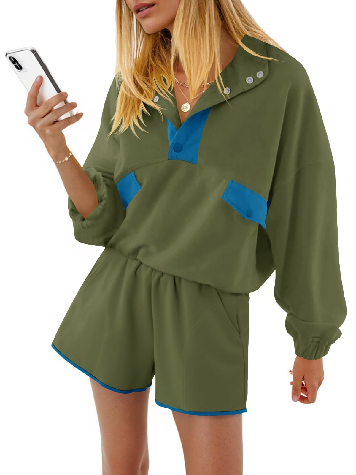 Fisoew Womens 2 Piece Sets Sweatsuits Casual Half Button Color Block Sweatshirts Running Shorts Tracksuits Fall Outfits