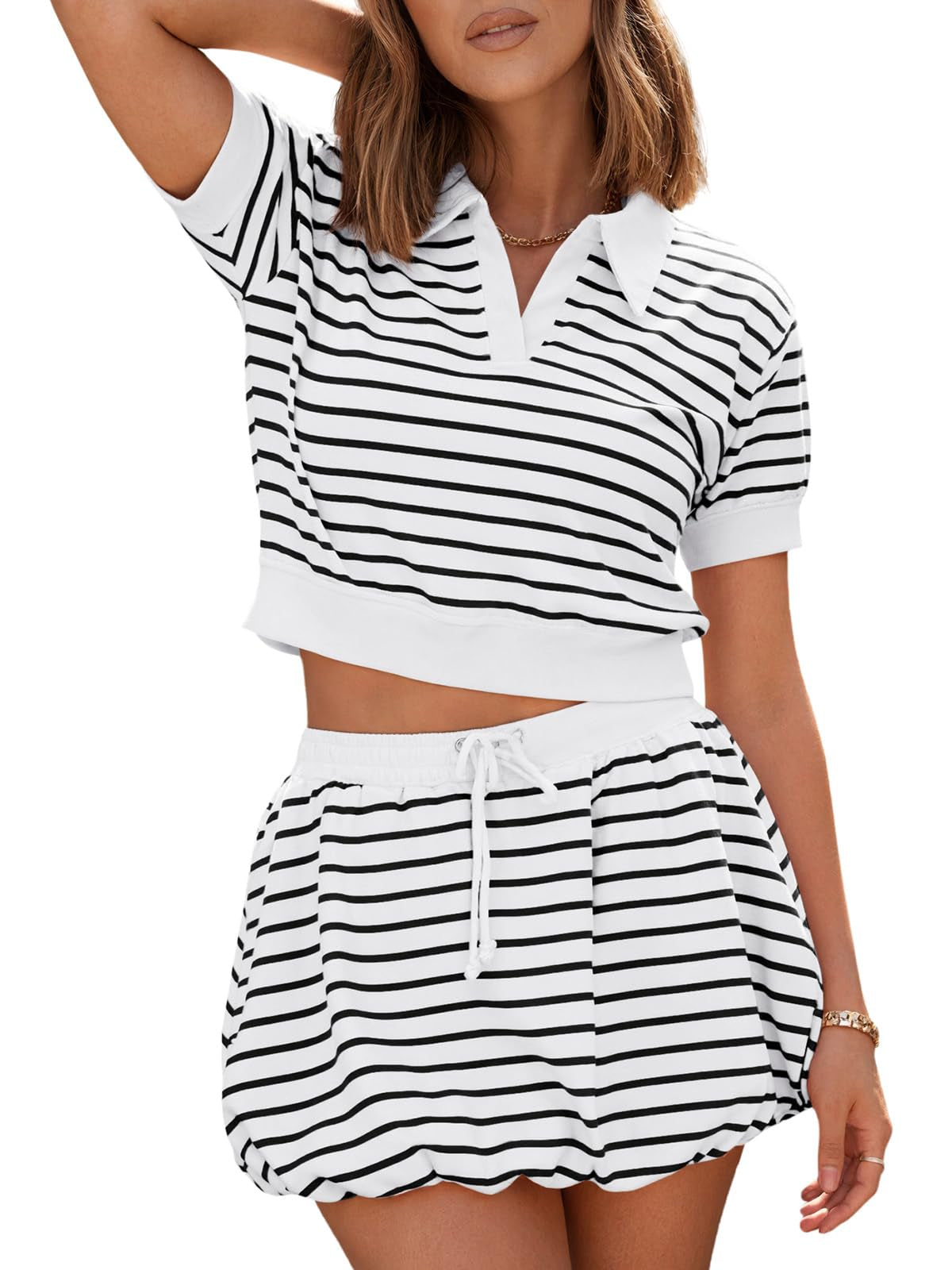 Fisoew Womens Striped 2 Piece Outfits Skort Set Short Sleeves Shirts Bubble Mini Skirt Sets Matching Sets