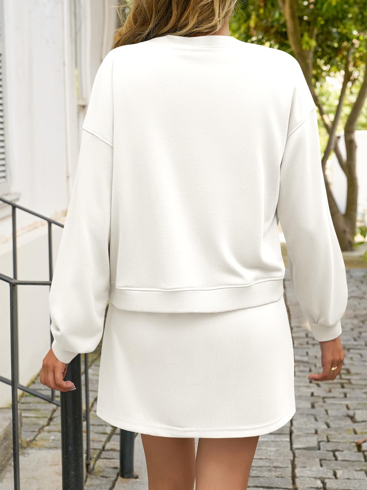 Fisoew 2 Piece Sets For Women Cotton Workout Sets Sweatshirt Top High Waisted Lined Split Athletic Skirt Set