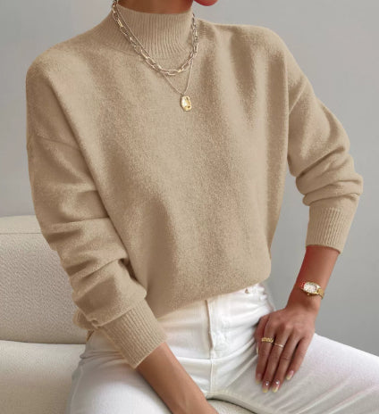 Women's Pullover Sweater Casual Solid Color Mid-high Neck Long-sleeved Knitted Tops Clothing