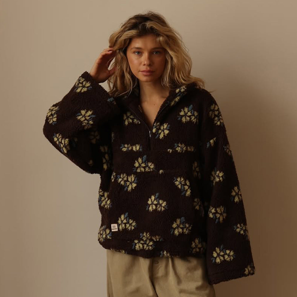 Winter Flowers Lambskin Sweatshirt With Big Pocket Casual Loose Zip-up Lapel Pullover Top Women's Clothing