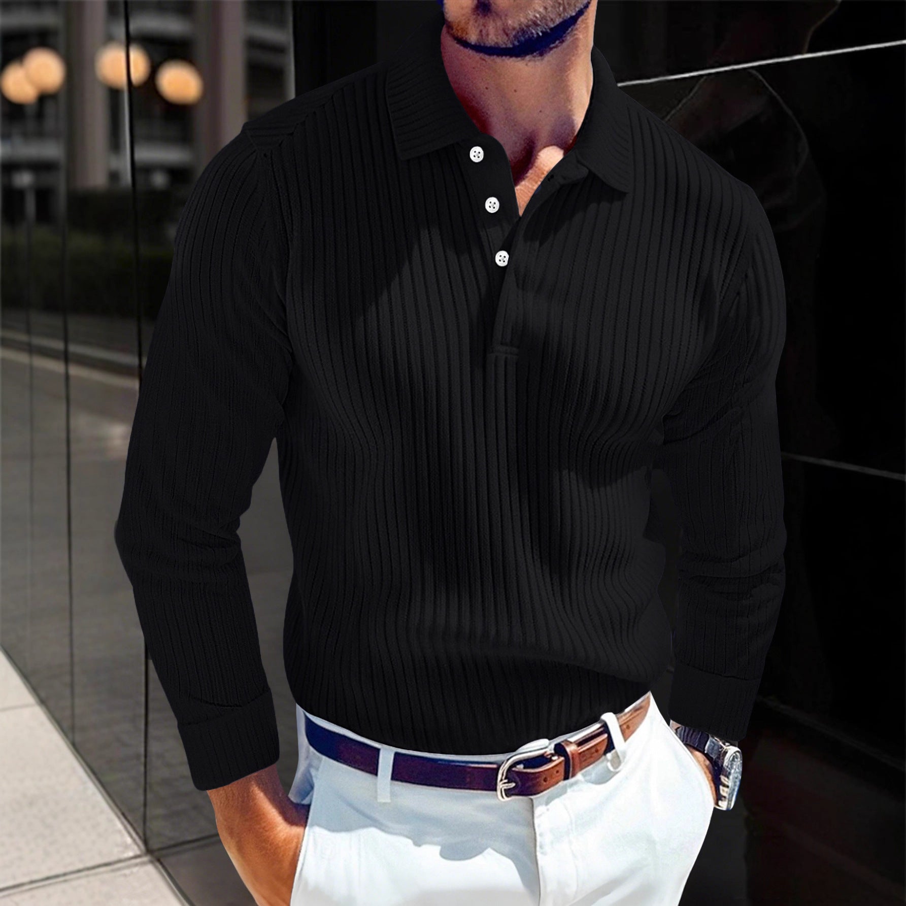 Men's T-shirt With A Turn-down Collar, Buttoned Long-sleeve Polo Shirt