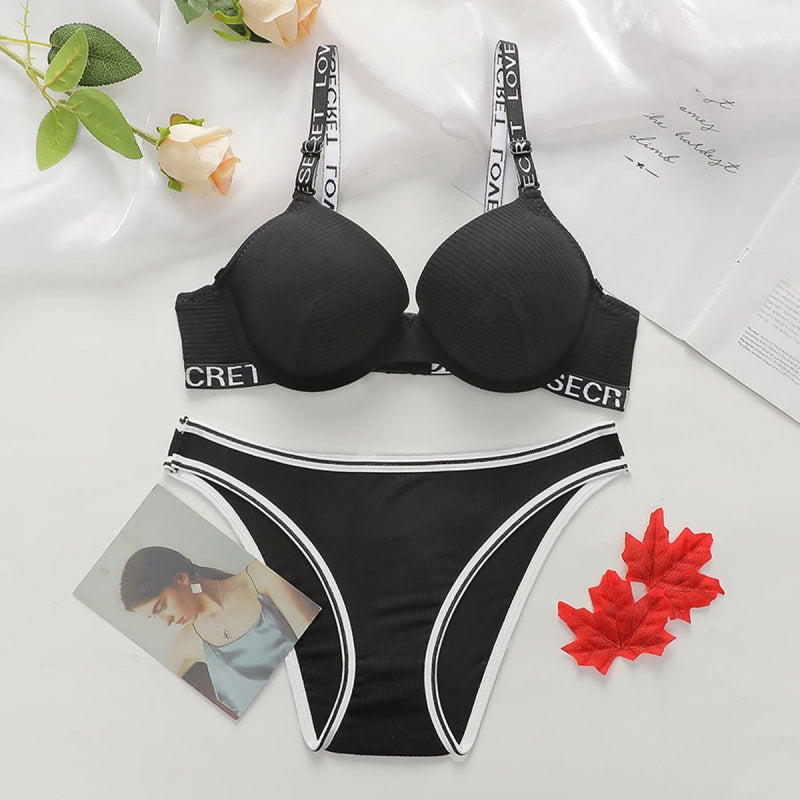 Sexy Lingerie Set, Featuring A Backless, Push-up, And Supportive Bra With Lettered Shoulder Straps.