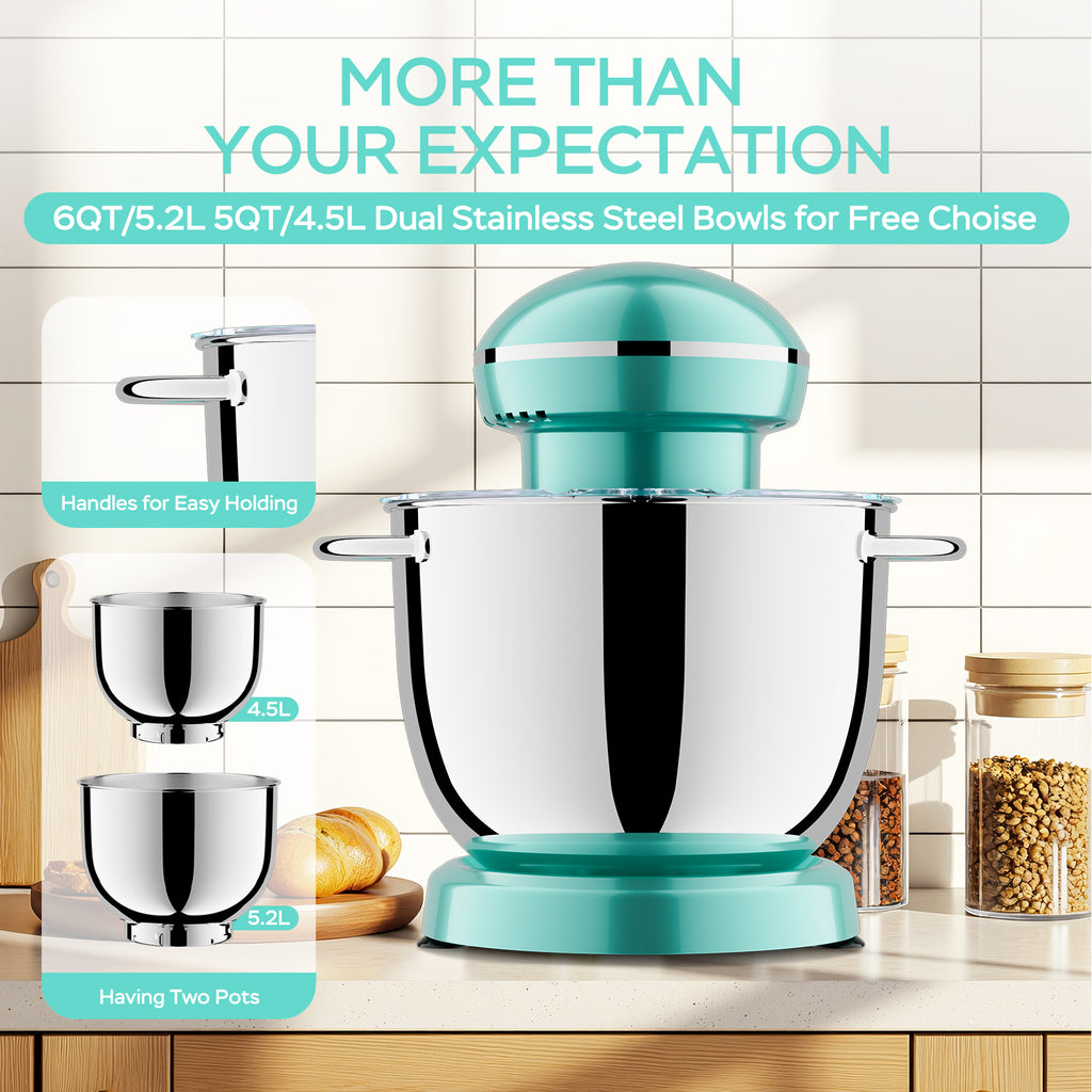 6QT & 5QT Dual Bowls Stand Mixer, 10 Speed Tilt-Head With Electronic Timer, Dough Mixer, Dishwasher Safe, Stainless Steel Bowls, Dough Hook, Flat Beater, Whisk For Baking,  Blue