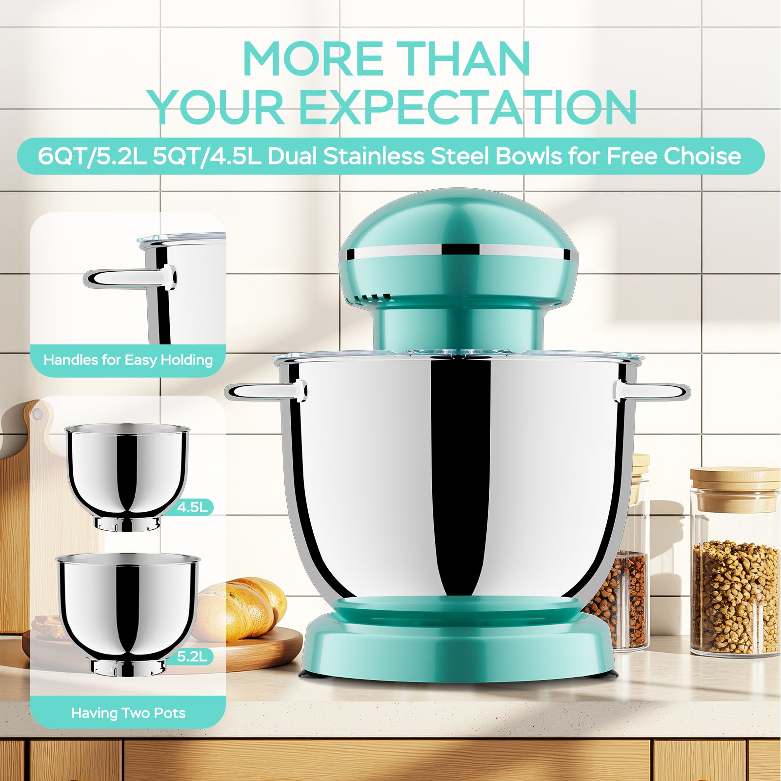 6QT & 5QT Dual Bowls Stand Mixer, 10 Speed Tilt-Head With Electronic Timer, Dough Mixer, Dishwasher Safe, Stainless Steel Bowls, Dough Hook, Flat Beater, Whisk For Baking,  Blue