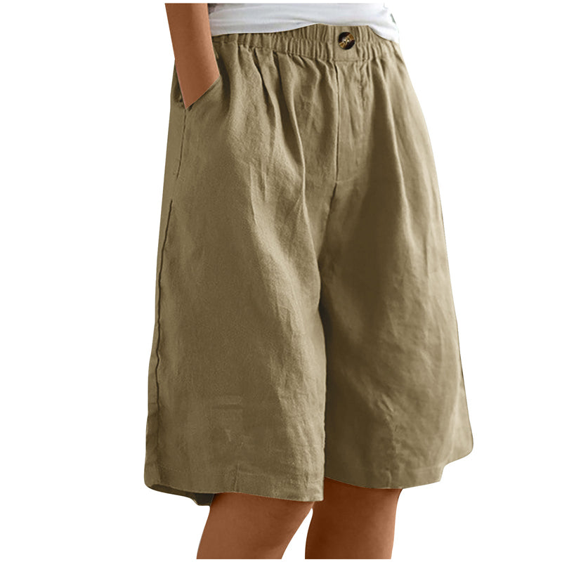 Women's Casual High Waist Loose Fit Solid Color Shorts - Button & Elastic Waist With Pockets, Comfortable Summer Shorts