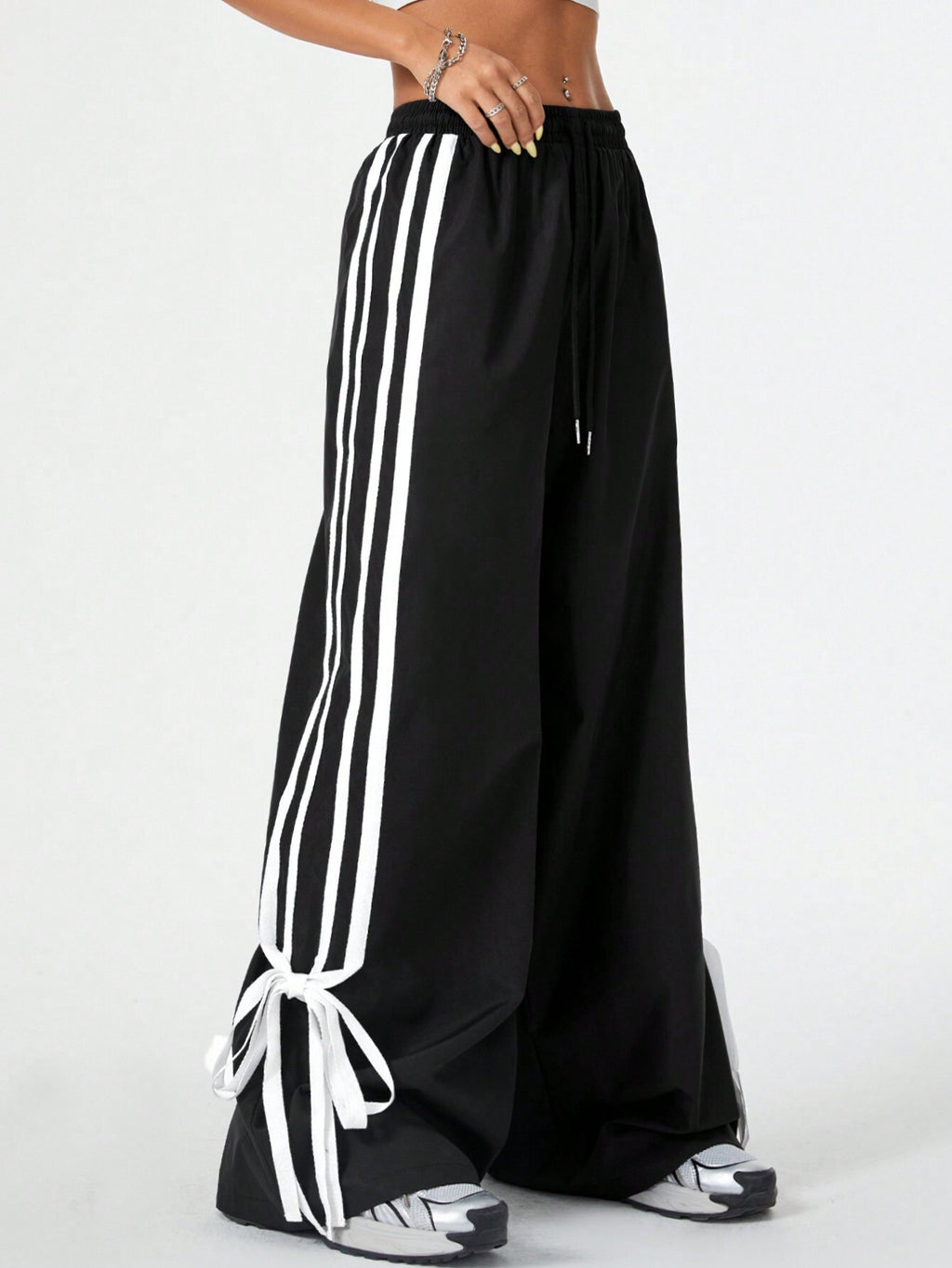 High Waist Wide Leg Pants Women's Spring Summer New Style Three Bars Drawstring Cuffed Straight Casual Extended Sports Trousers
