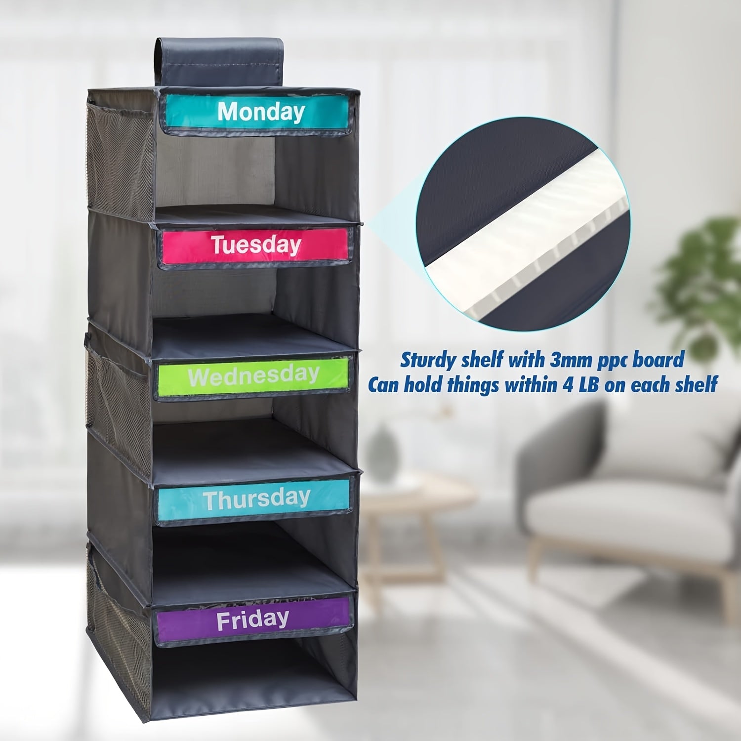 1pc 5-Tier Youngsters Clothing Organizer - Weekly Color-Coded Hanging Storage Bags With Durable Nylon Wall-Mounted Shelves For Bedroom, School Dorm, Closet - Organize Clothes, Pants, Underwear, Socks