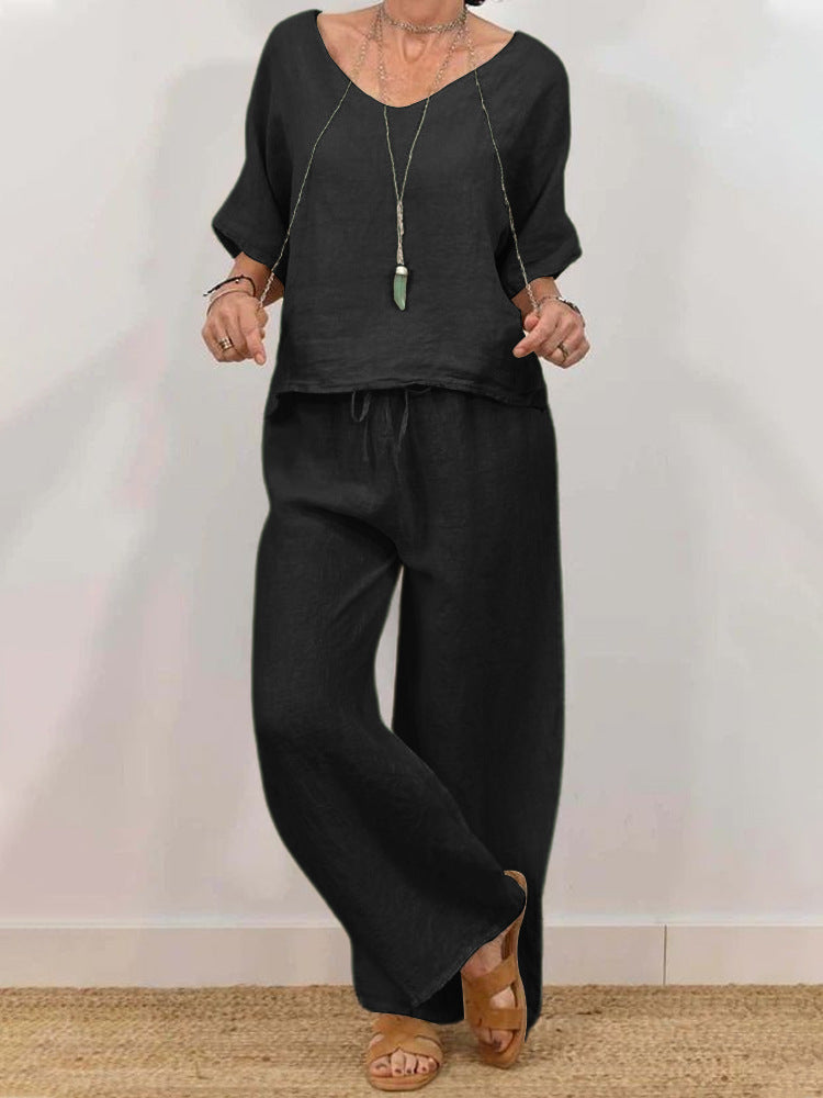 Womens Multi-Color Two-Piece Set Casual V-Neck Pullover With Three-Quarter Sleeves And Extended Pants