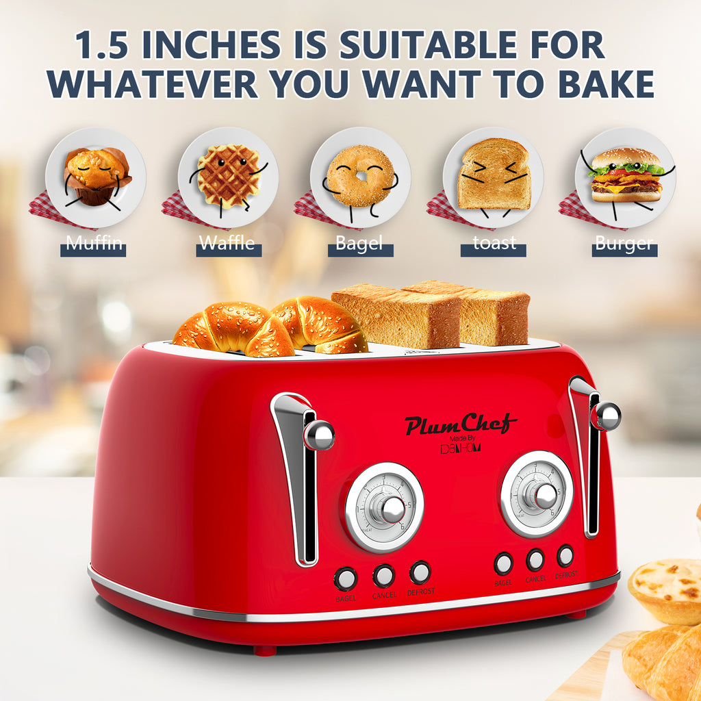 4 Slice Retro Toaster, Dual Control Toaster, 6 Settings, Bagel, Defrost, Removable Crumb Tray, Stainless Steel Housing, 1650W, Red