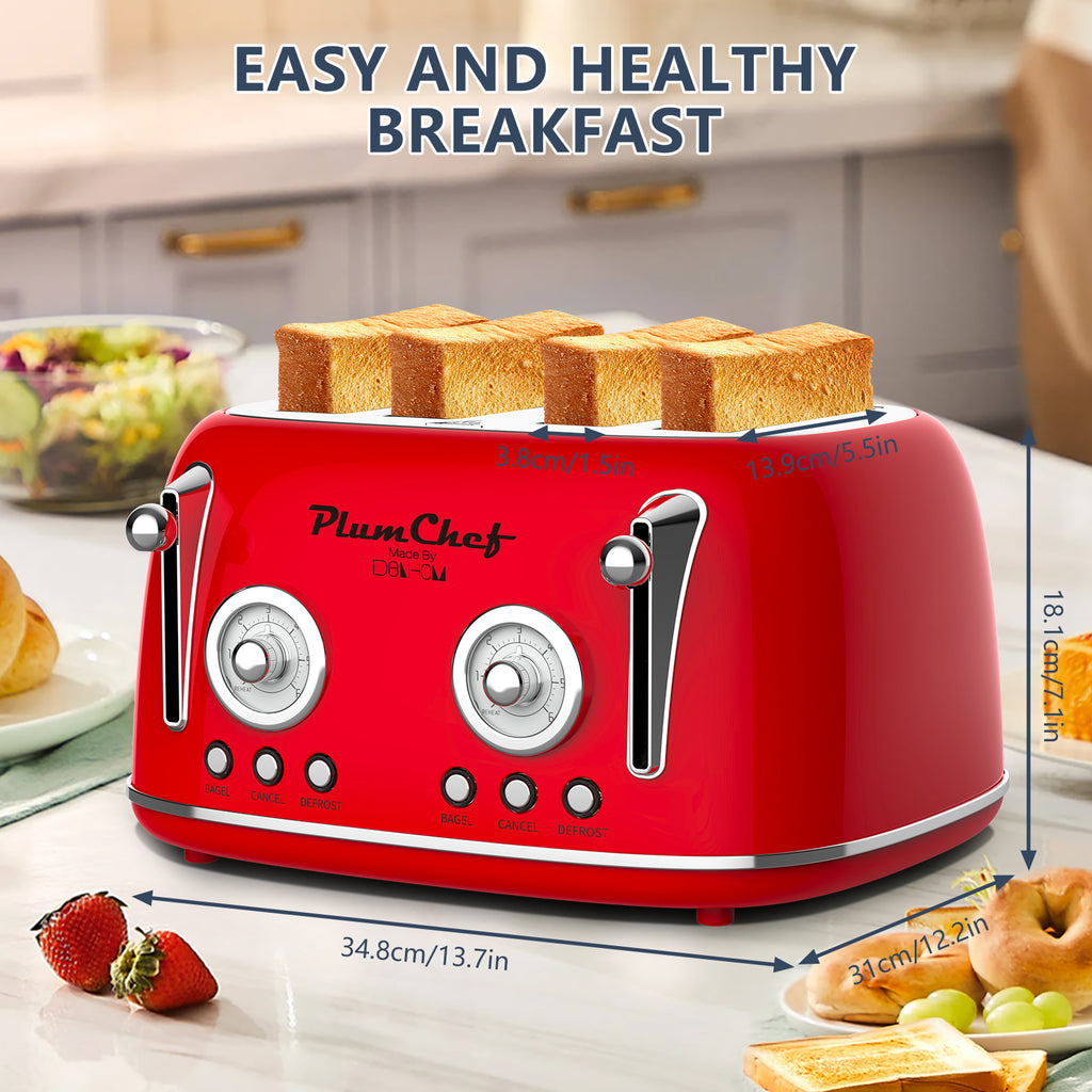4 Slice Retro Toaster, Dual Control Toaster, 6 Settings, Bagel, Defrost, Removable Crumb Tray, Stainless Steel Housing, 1650W, Red