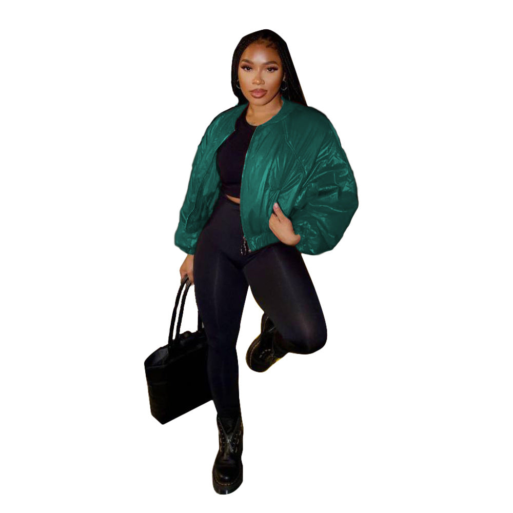 Women's Solid Color Cool Girl Baseball Jackets Round Neck Zipper Vintage Bomber Jacket Autumn Casual Female Bomber Jacket Chic Outerwear