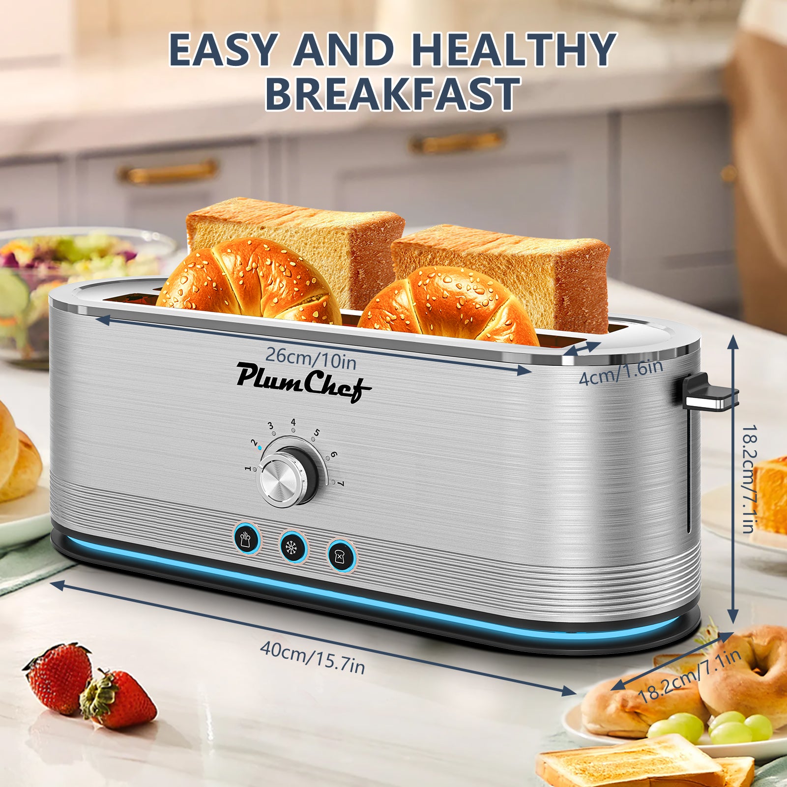 4-Slice Toaster, 7 Settings, Defrost, Reheat, Removable Crumb Tray, Full Body Stainless Steel Housing, Anti-Fingerprint, Anti-Jam, 1350W, Silver