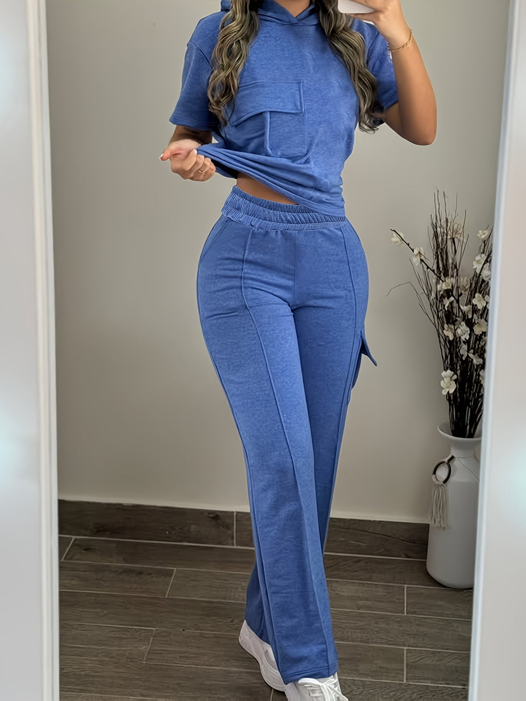 Casual Solid-Color Hoodie And Straight-Leg Pants Two-Piece Set