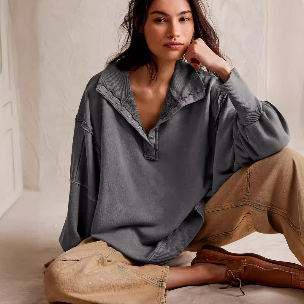 Women's Lantern Sleeve Decorative Moulding Split Lapel Sweater