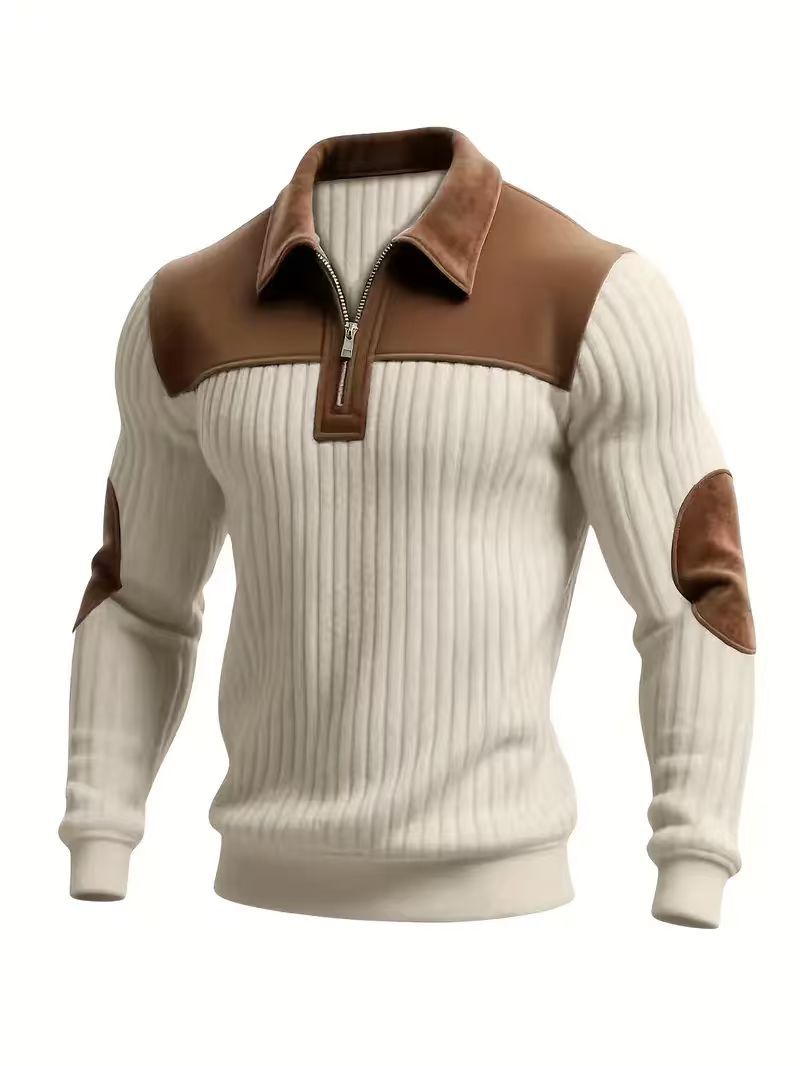 Notched-collar Patchwork Knit Top With Embroidered Zipper Hoodie