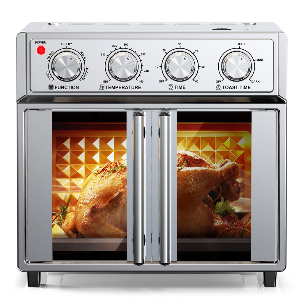 29.5 QT Air Fryer Convection Toaster Oven, French Door, 6 Slices, 1700W, Multifunction Oven, Air Fryer, Toast, Grill, Defrost, Bake, Time And Temperature Controls, Silver