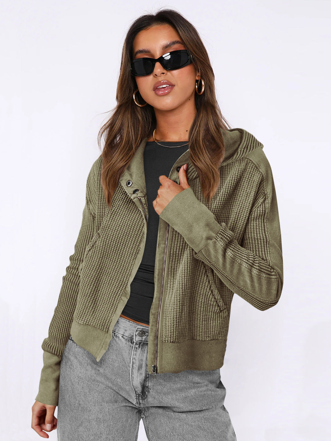 Patchwork Sweater Long Sleeve Cardigan Casual Zipper Top