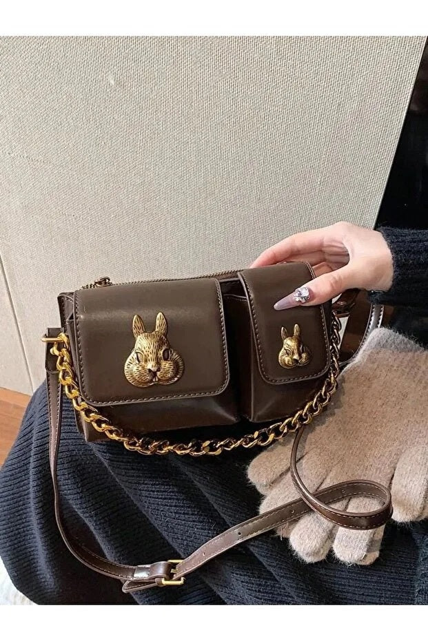 Women Brown Baguette Bag With Squirrel Accessory Design Stylish Shoulder Handbag