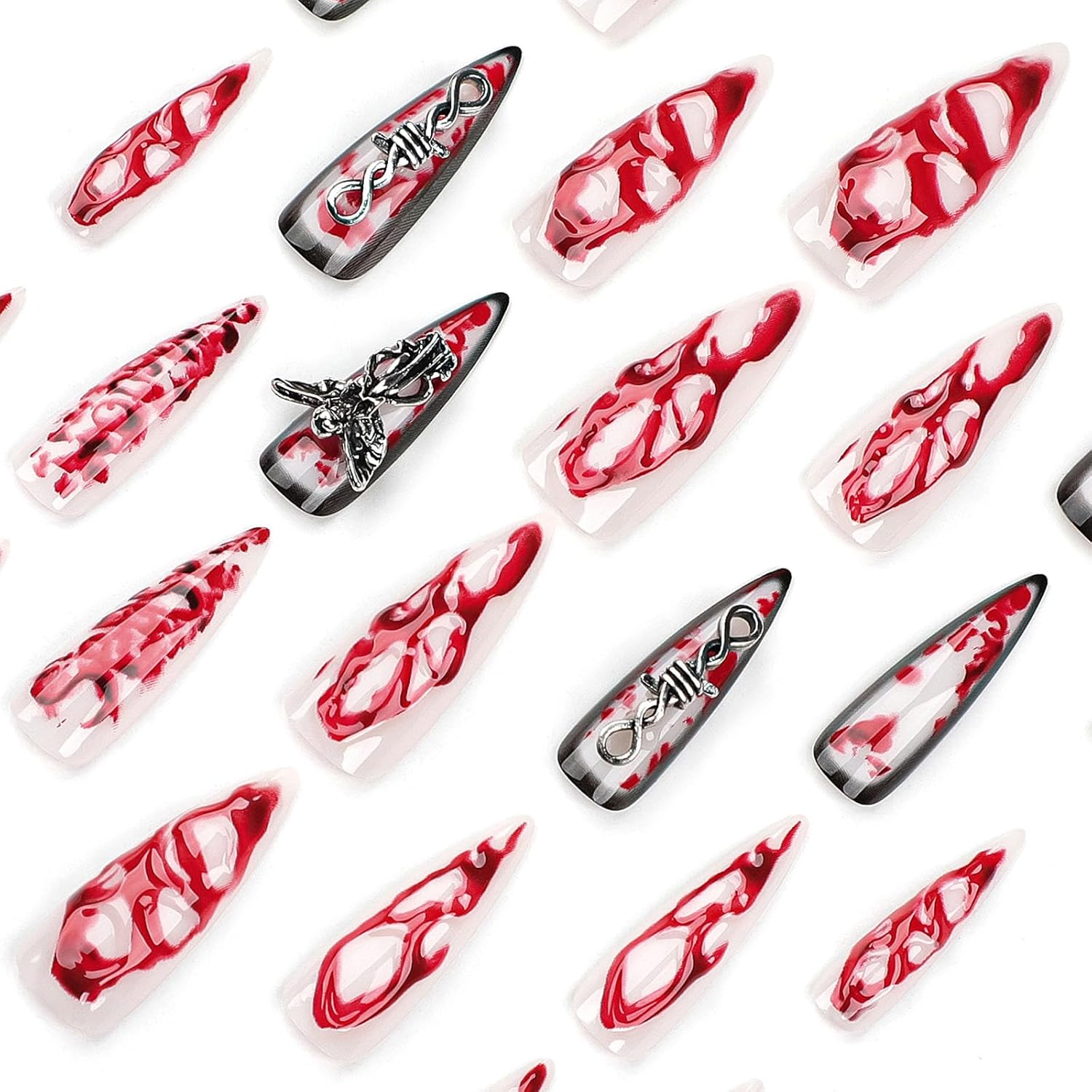 24 PCS Extra Long Teardrop-shaped Wearable Nail Art, Terrifying Angel Nail Art, 3D Blood-colored Fake Nails